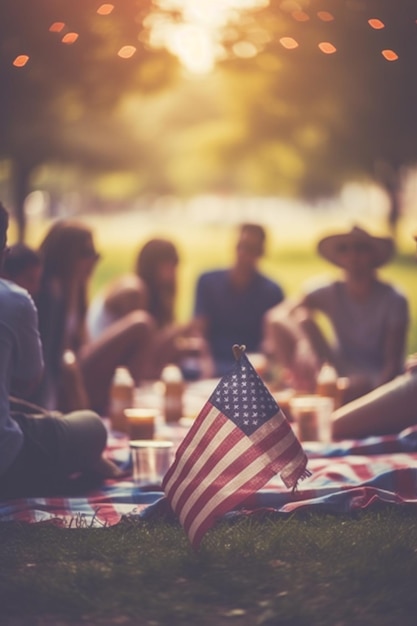 Des gens assis sur une couverture de pique-nique avec un drapeau des États-Unis