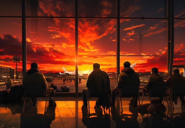 des gens assis dans un aéroport avec des avions à réaction