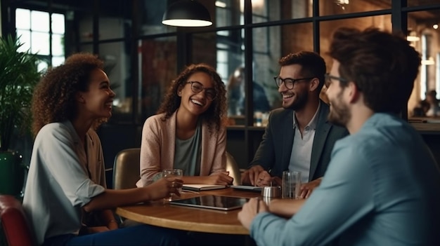 Des gens assis dans un café parlent et rient