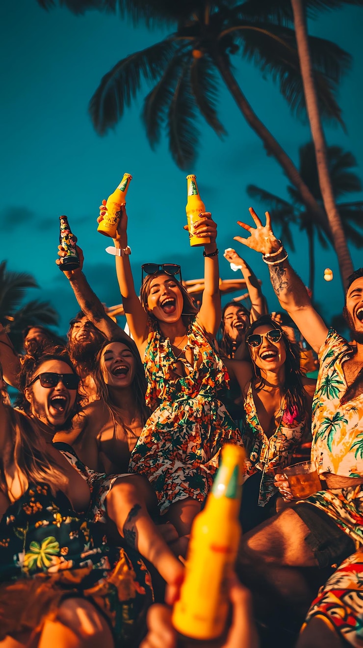 Photo des gens assis sur la plage avec des boissons et des bananes à la main.
