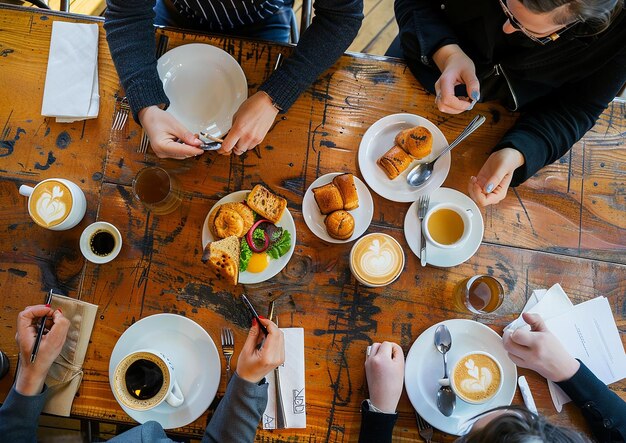 des gens assis à une table avec de la nourriture et des boissons dessus