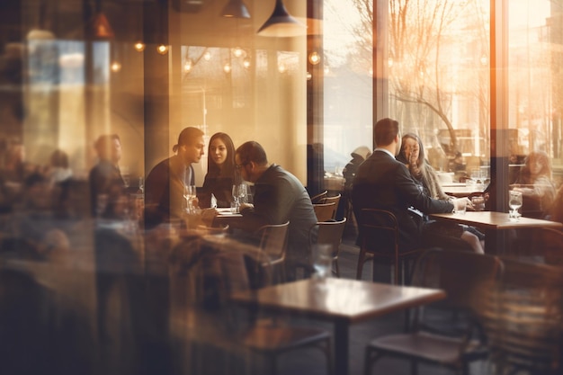 Des gens assis à une table de restaurant, avec un mur de verre qui dit "le mot restaurant" dessus