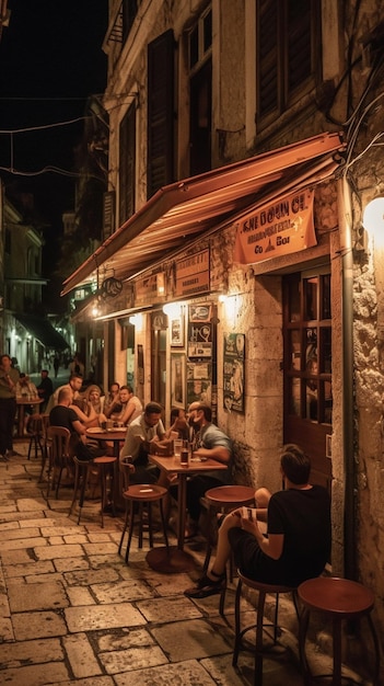 Des gens assis à des tables à l'extérieur d'un restaurant avec un panneau indiquant "bar neretva"