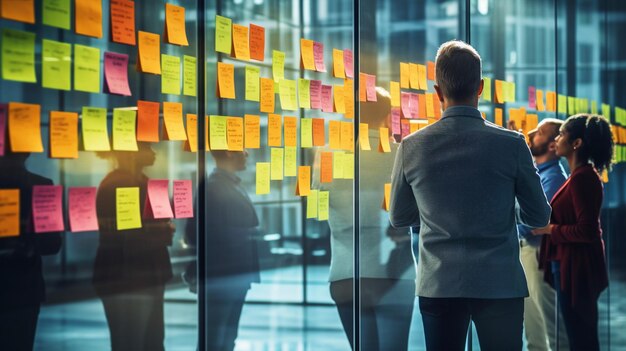 Photo les gens au bureau réfléchissent en collant des notes sur un mur de verre.