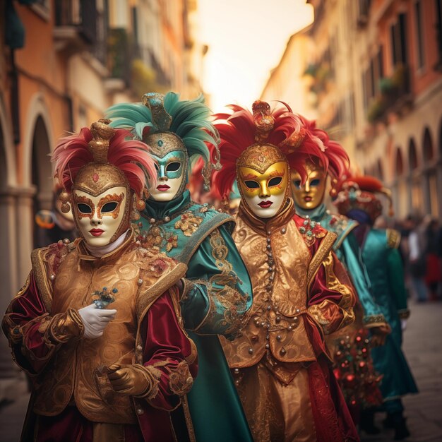 Photo des gens au hasard portant des masques colorés au carnaval de venise.