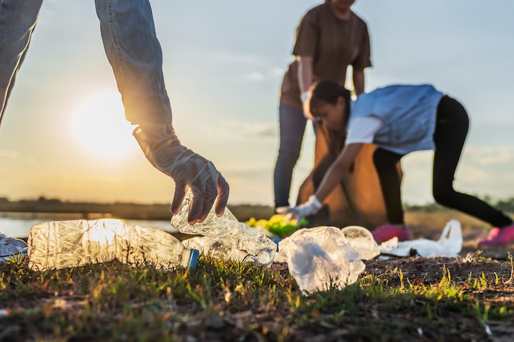 Photo les gens bénévoles gardant une bouteille en plastique d'ordures dans un sac noir au parc près de la rivière au coucher du soleil