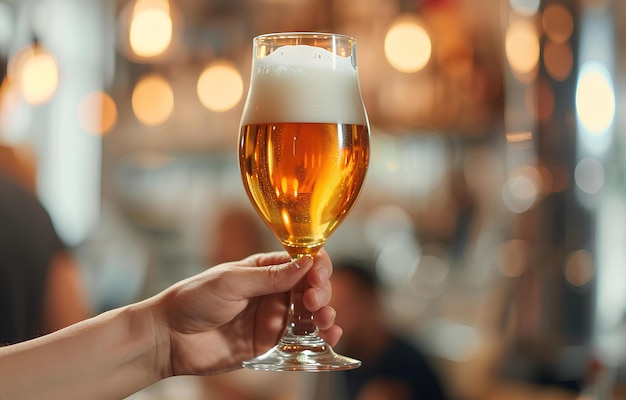 Les gens de la brasserie de bière tenant un verre à la main applaudissent sur un fond de pub blanc flou