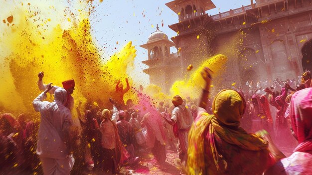 Photo les gens célèbrent joyeusement holi avec des couleurs