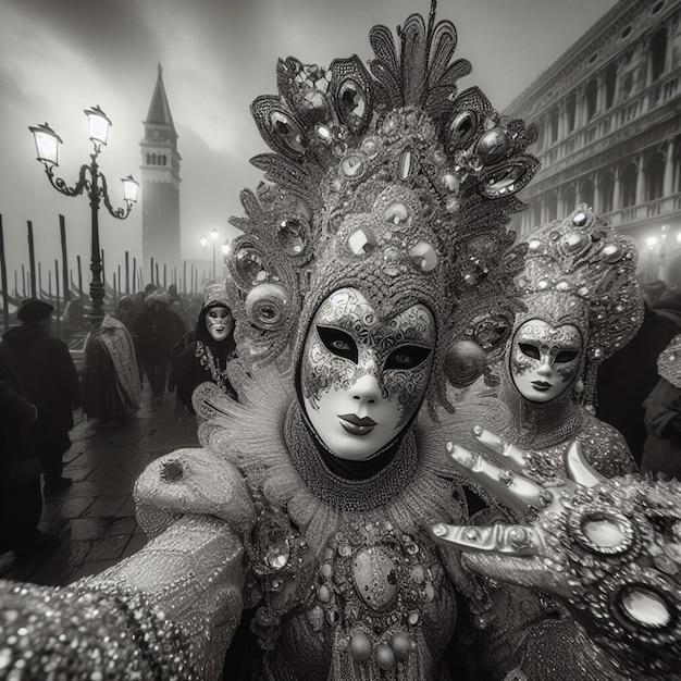 Les gens célèbrent le Mardi Gras, le carnaval de Venise, portent des masques et des costumes traditionnels sur une place bondée.