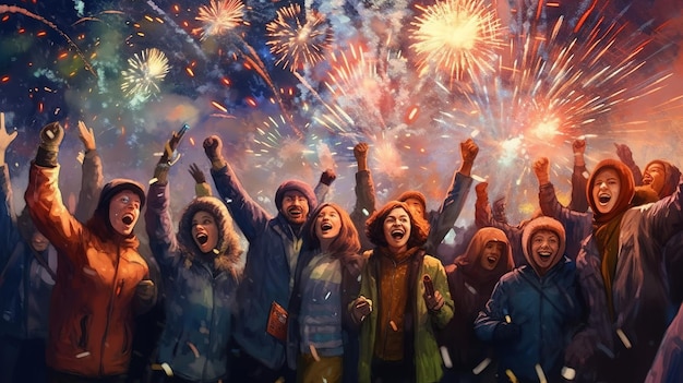 Les gens célèbrent le Nouvel An avec des feux d'artifice en arrière-plan