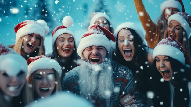 Des gens en chapeaux de Père Noël s'amusant dans la rue AI générative