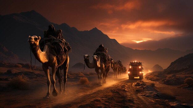 Des gens à cheval sur des chameaux dans le désert le soir.