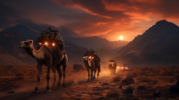 Des gens à cheval sur des chameaux dans le désert le soir.