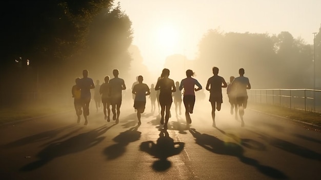 Photo les gens courent un marathon dans le brouillard ai générative