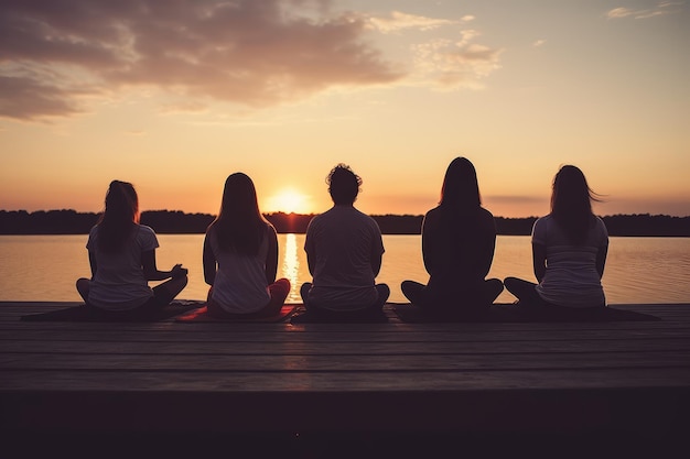 Gens cours de yoga mer coucher de soleil Générer Ai