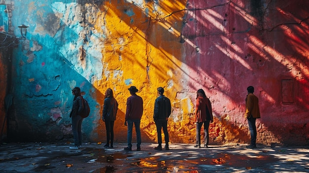 Photo des gens créatifs debout dans un mur coloré