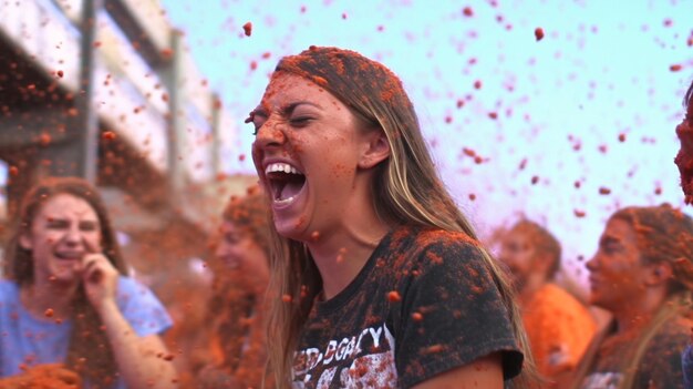 Photo les gens crient et plaisantent au milieu de l'écrasement de la tomate au festival la tomatina à bunol espagne generate ai