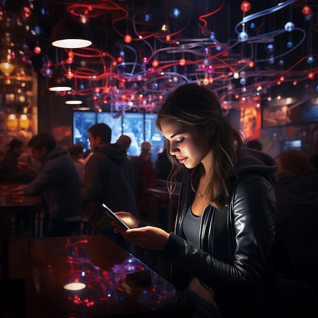 des gens dans un bar futuriste regardent sur son smartphone et vérifient leurs comptes de réseaux sociaux