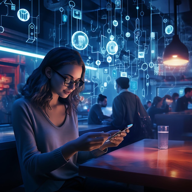 des gens dans un bar futuriste regardent sur son smartphone et vérifient leurs comptes de réseaux sociaux