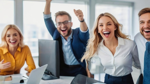 les gens dans le bureau avec le mot succès sur l'écran