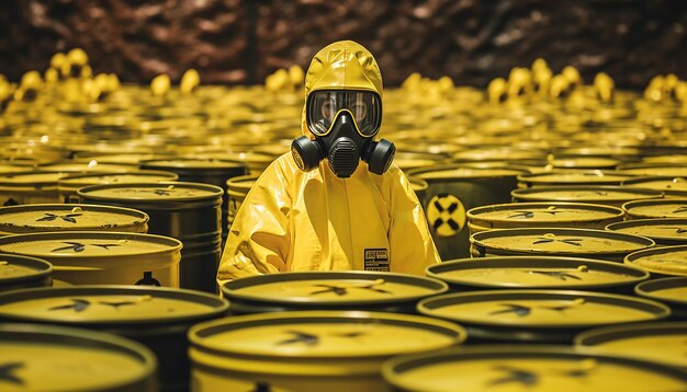 Photo des gens dans une combinaison de radiation, des barils de déchets nucléaires, un style hyper réaliste.