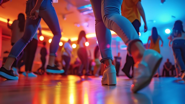 Photo les gens dansent la salsa dans un club l'accent est mis sur les pieds des danseurs les danseurs portent des chaussures colorées et se déplacent au rythme de la musique