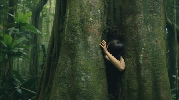 des gens debout dans la forêt tropicale et regardant le grand arbre