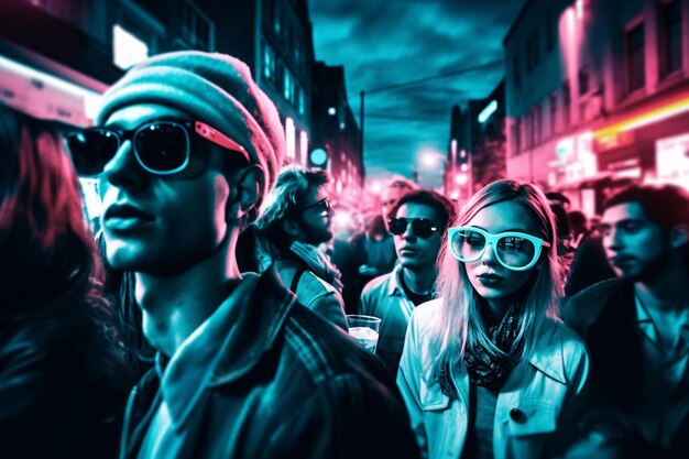 Photo des gens debout dans une rue bondée avec des lumières au néon et des lunettes de soleil.