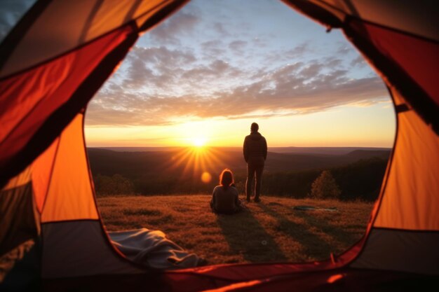 Des gens debout à l'intérieur d'une tente pendant que le soleil se couche en arrière-plan dormant sous les étoiles scènes de camping nocturne monde sommeil jour aventures en plein air