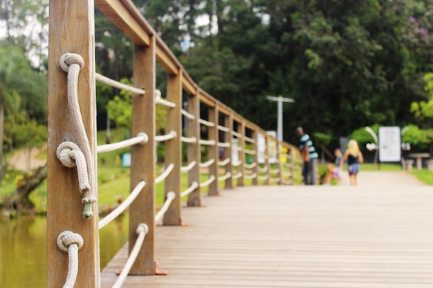 Des gens debout sur une passerelle dans un parc.