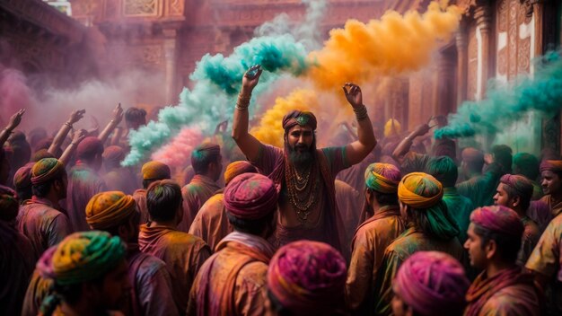 Photo les gens et les dévots jouent au festival de holi des couleurs avec des poudres colorées à nand hill