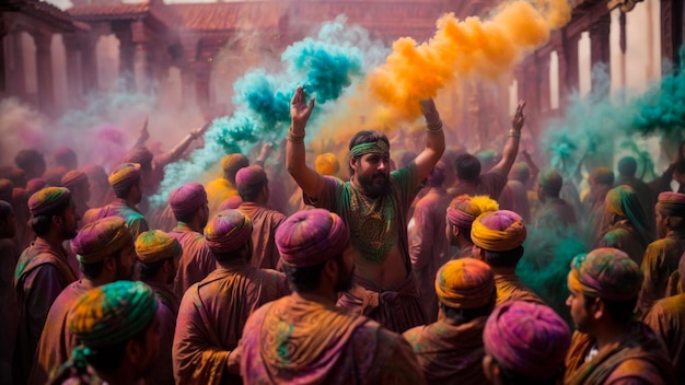 Photo les gens et les dévots jouent au festival de holi des couleurs avec des poudres colorées à nand hill