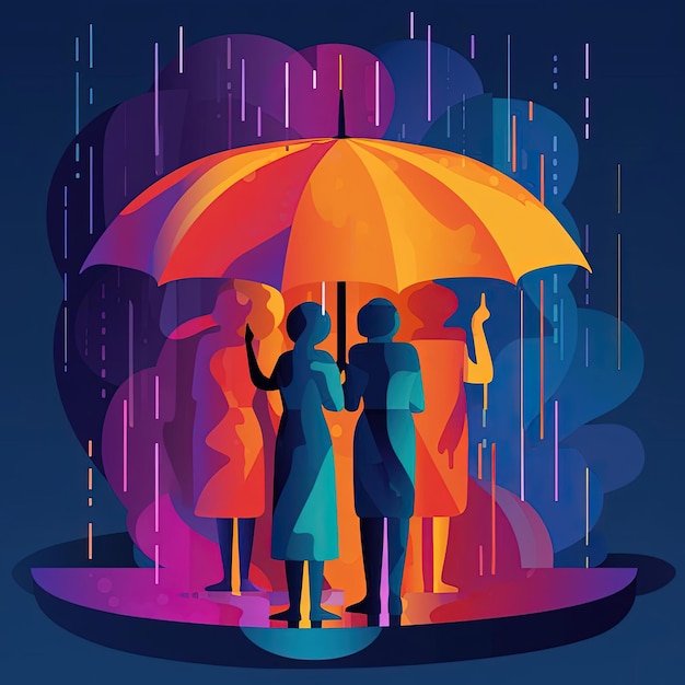 des gens donnant à une autre personne un parapluie pour la pluie dans le style d'animations colorées