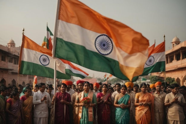 Des gens avec un drapeau indien.