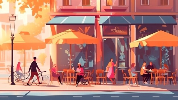 Photo les gens du café de la rue de la ville de paris se détendent et marchent sur les éruptions solaires de la rue vue depuis la fenêtre sur la ville