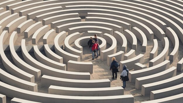 Les gens entrent dans un labyrinthe compliqué.