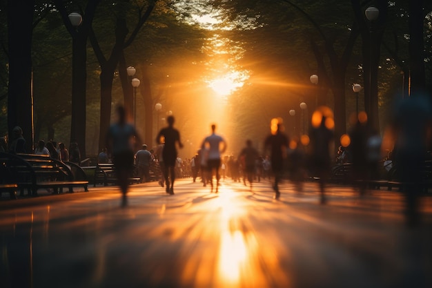 Des gens faisant du jogging dans le parc au coucher du soleil Motion Blur Generative AI