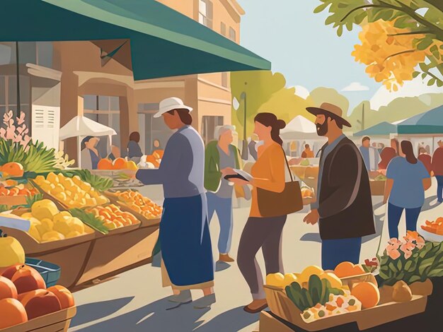 Photo des gens faisant leurs courses sur un marché d'agriculteurs avec une variété de fruits et de légumes