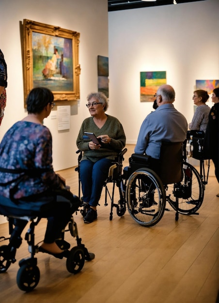 Des gens en fauteuil roulant sont assis dans un musée avec des peintures sur le mur.