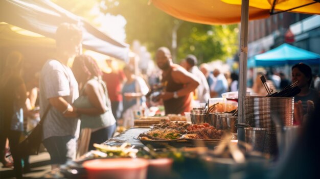 Les gens à un festival de marché de nourriture de rue sur une journée ensoleillée floue à dessein