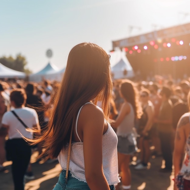 Les gens sur le festival de musique en été vue arrière fille à la lumière du jour grand groupe à la fête avec dj été vie nocturne discothèque à l'extérieur amusement jeunesse divertissement concept festif Vue arrière féminine