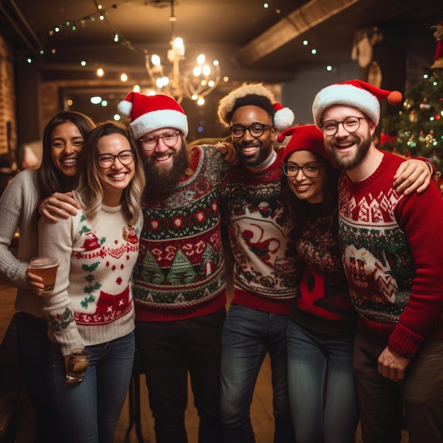 Des gens à une fête de Noël portant des vêtements de Noël