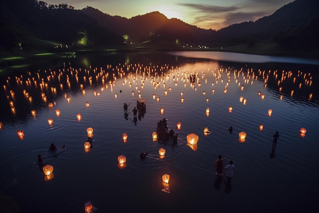 Les gens flottent dans l'eau avec des lanternes dans l'eau au coucher du soleil.