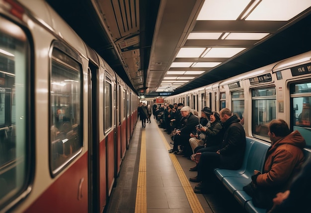 Des gens floues sur le quai du métro quittent le train.