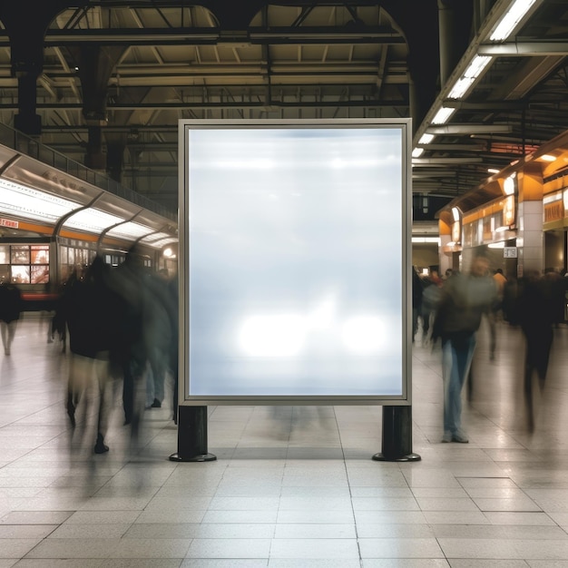 Des gens flous passent devant un panneau d'affichage vide dans la gare Generative AI