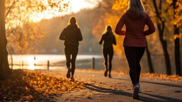 Les gens font du jogging dans le parc pendant l'heure d'or.