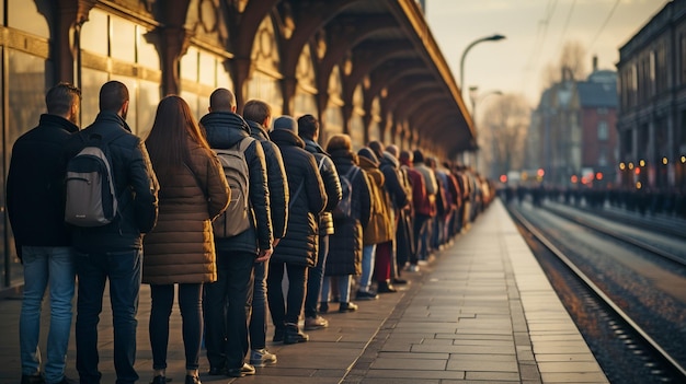 Des gens font la queue au sommet d'un bâtiment de la ville.