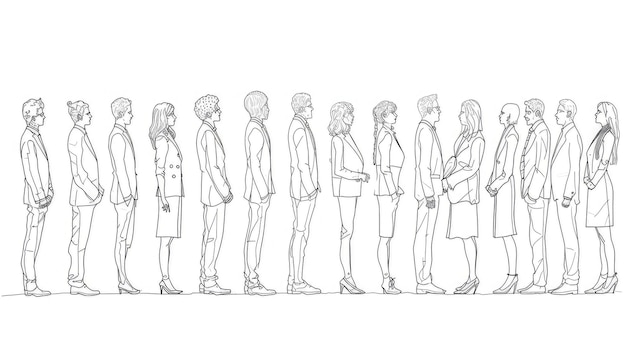 Les gens font la queue. Des silhouettes de personnes dessinent un groupe diversifié de personnes debout.