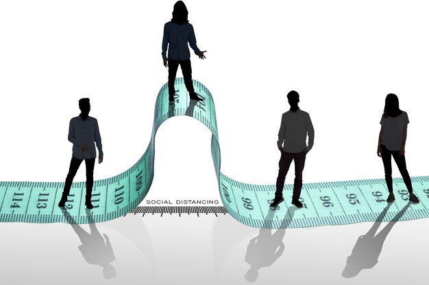 Les gens gardent la distance avec le concept de mesure d'échelle de règle. Les gens gardent leurs distances en raison du risque d'infection et de maladie avec le Coronavirus ou Covid-19. Distanciation sociale.