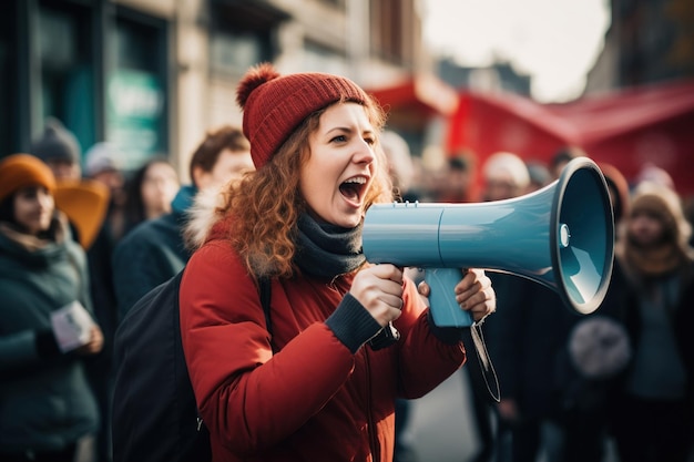 Des gens en grève protestent avec un mégaphone.